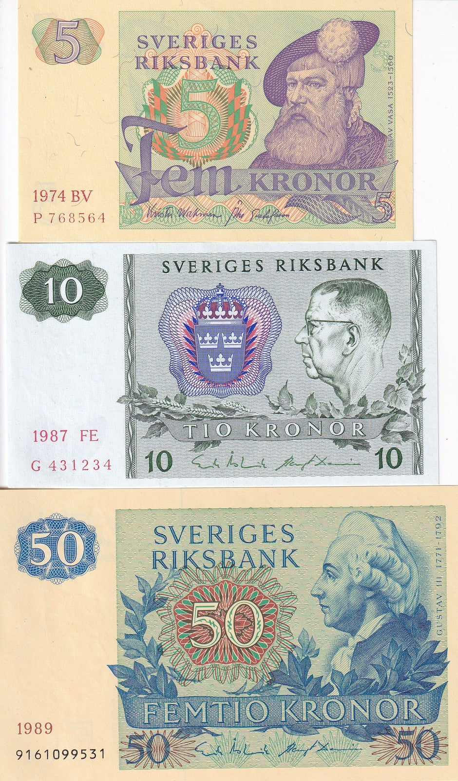 Sweden Set 3 Pcs 5 10 50 Kronor 1974-1989 P 51 52 53 UNC