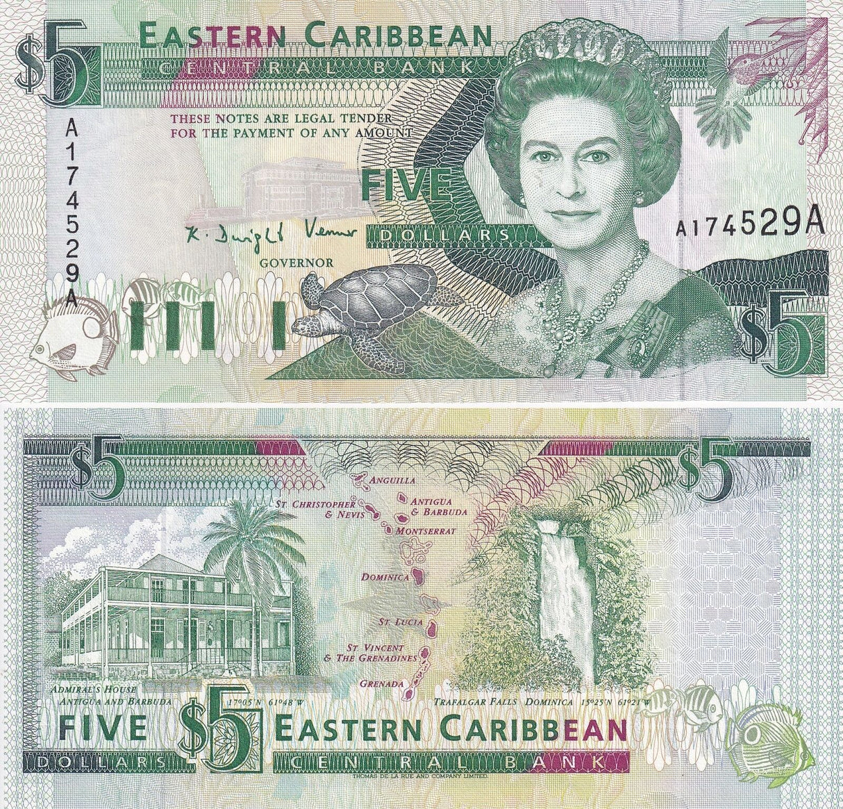 East Caribbean 5 Dollars ND 1993 Antigua P 26 a A Suffix UNC