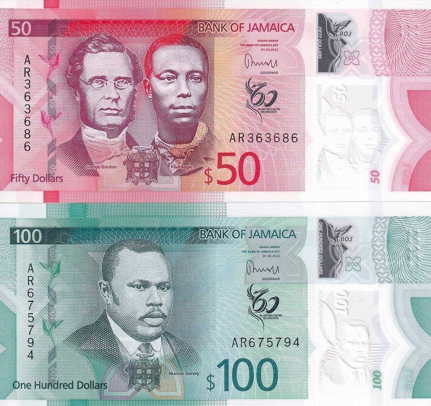 Jamaica SET 2 PCS 50 100 Dollars 2022/2023 P 96 97 UNC