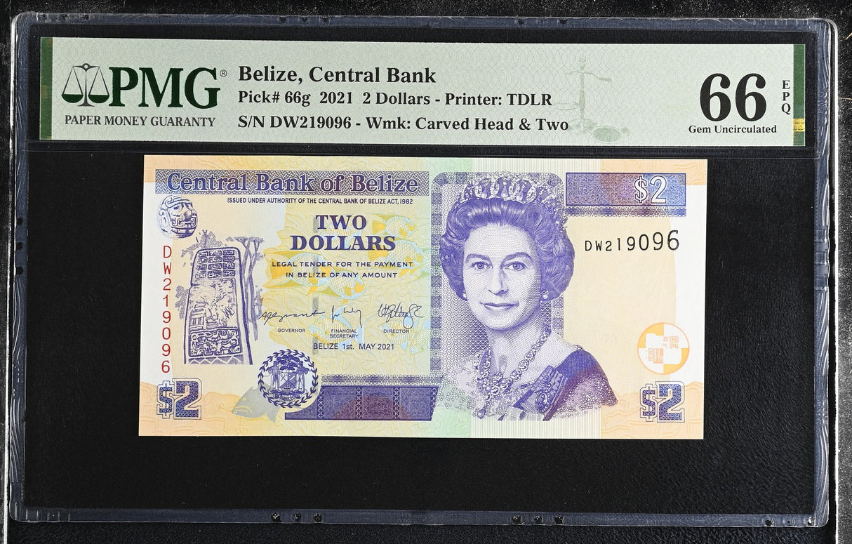 Belize 2 Dollars 2021 P 66 g Gem UNC PMG 66 EPQ