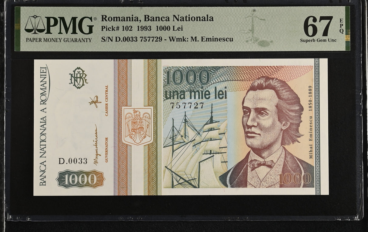 Romania 1000 Lei 1993 P 102 Superb Gem UNC PMG 67 EPQ