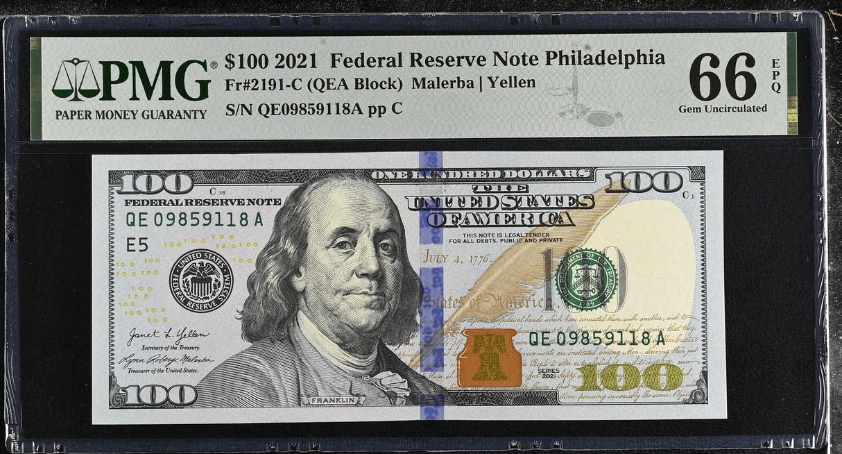 United States 100 Dollars USA 2021 P 555 Philadelphia Gem UNC PMG 66 EPQ