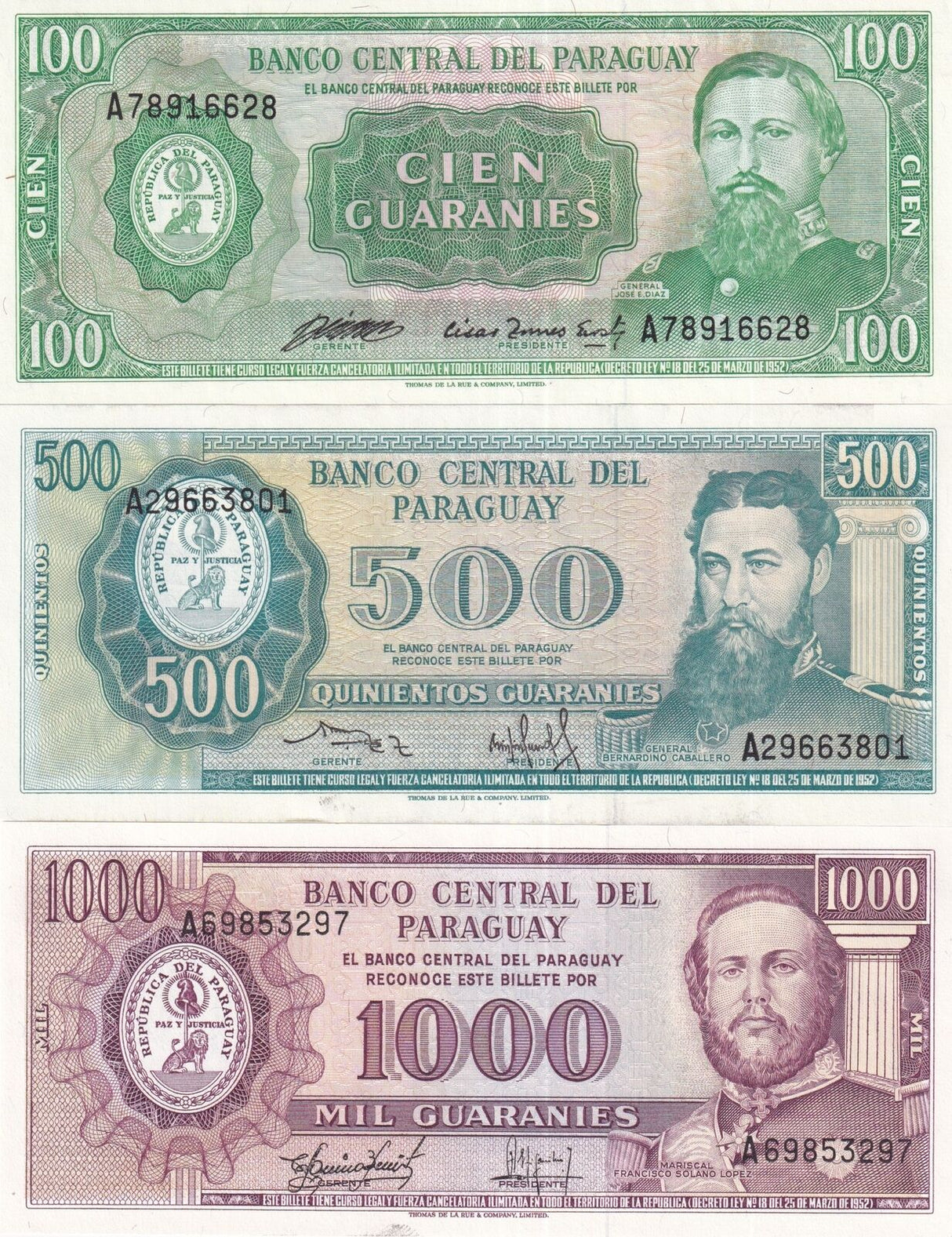 Paraguay Set 3 PCS 100 500 1000 Guaranies 1982 P 205 206 207 UNC