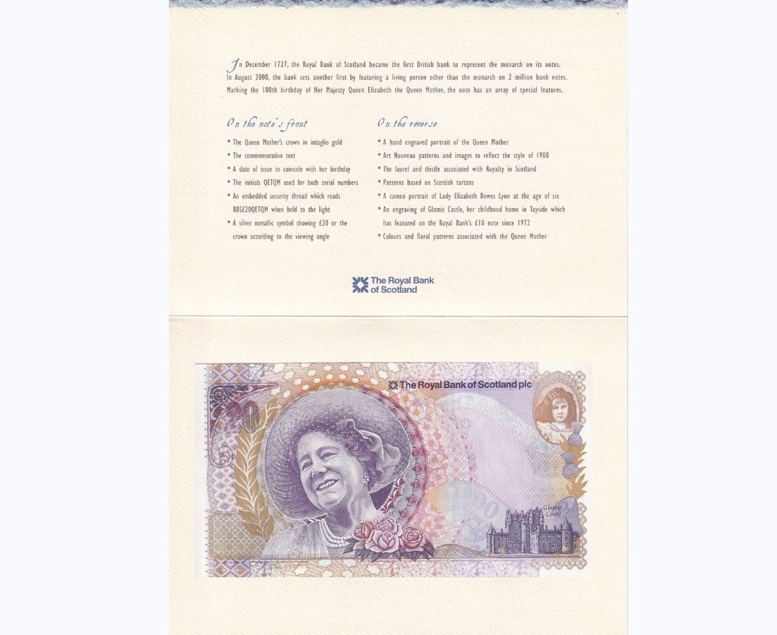 Scotland 20 Pound 2000 P 361 Commemorative 100th Queen Mother UNC W/FOLDER