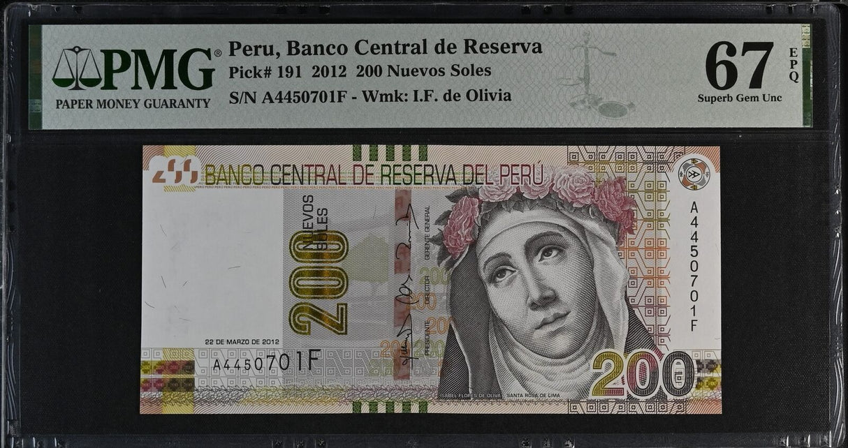 Peru 200 Nuevos Soles 2012 P 191 Superb Gem UNC PMG 67 EPQ