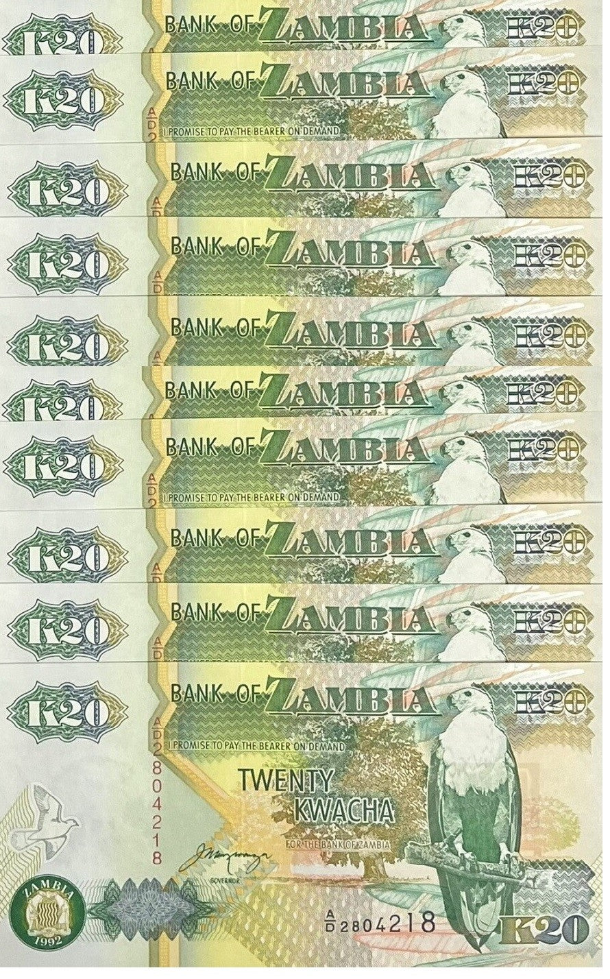 Zambia 20 Kwacha 1992 P 36 b UNC LOT 10 PCS