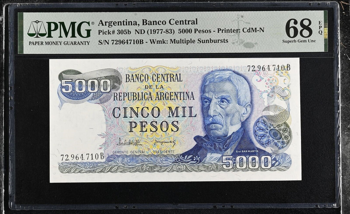 Argentina 5000 Pesos ND 1977-1983 P 305 b Superb Gem UNC PMG 68 EPQ Top