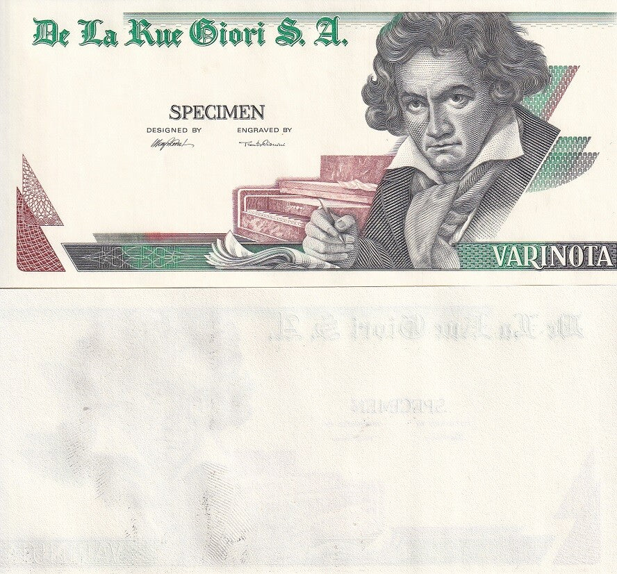 TEST NOTE SPECIMEN VARINOTA DE LA RUE BEETHOVEN Single-sided Green-Black