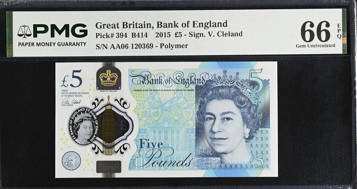 Great Britain 5 Pounds 2015 QE II Polymer P 394 Prefix AA Gem UNC PMG 66 EPQ