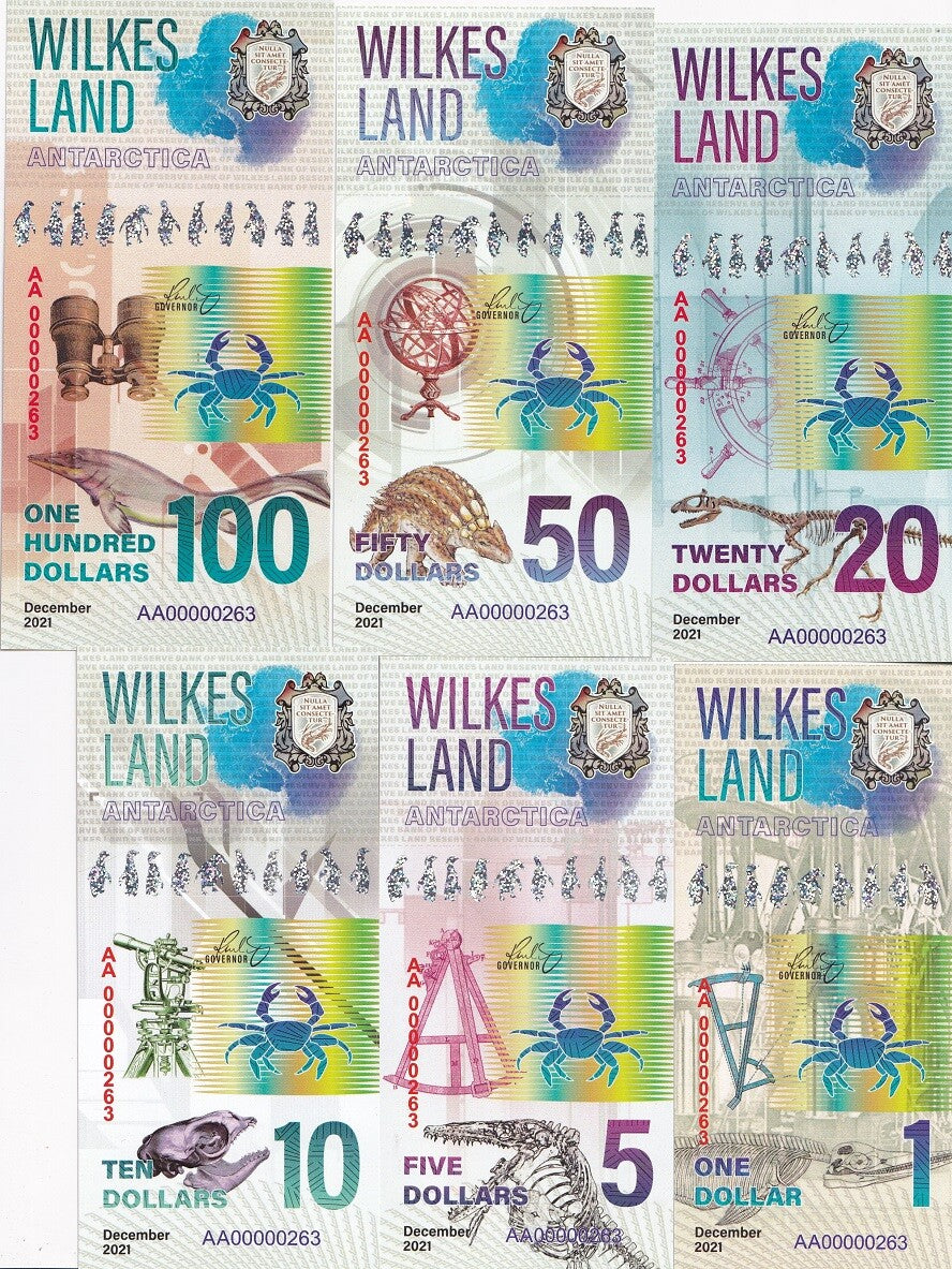 Earth Wilkes Set 6 1 5 10 20 50 100 Dollars 2021 polymer Antarctica Fantasy