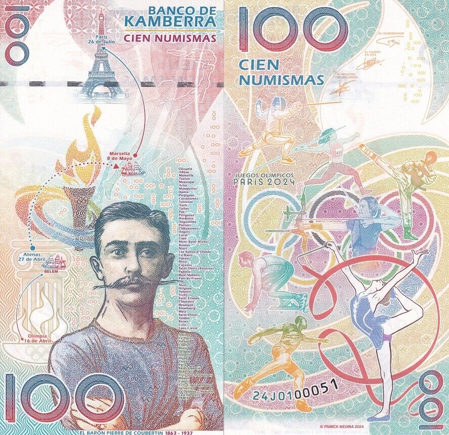 Kamberra 100 Numismas 2024 Paris France Olympic Games Pierre De Coube Fantasy