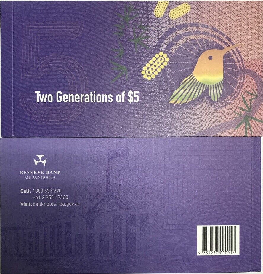 Australia Set 2 UNC Banknote Two Generations of 5 Dollars With Folder