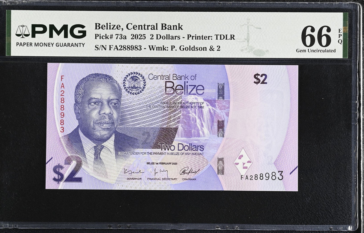 Belize 2 Dollars 2025 P 73 a Gem UNC PMG 66 EPQ