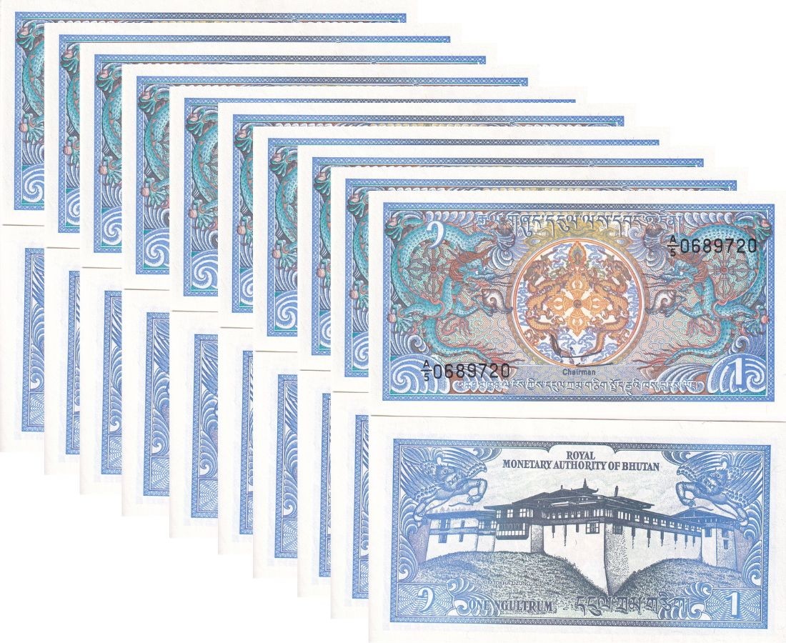 Bhutan 1 Ngultrum ND 1986 P 12 b UNC LOT 10 PCS ,Simtokha Dzong , Dragons