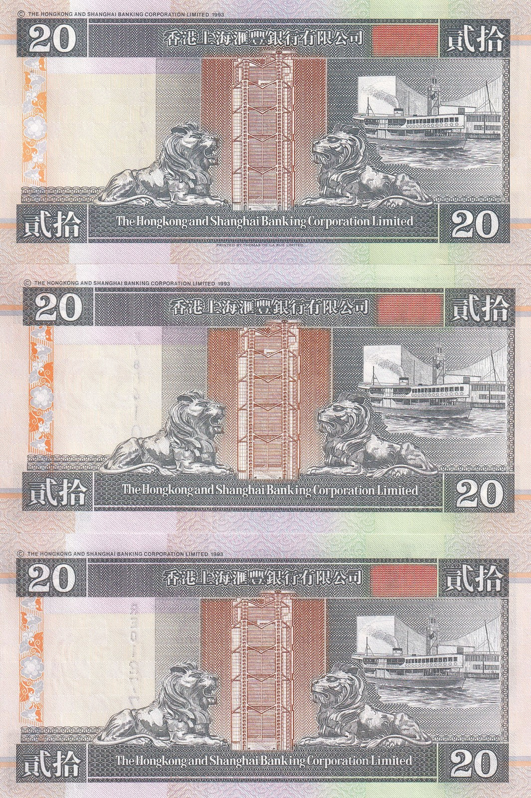 Hong Kong Set 3 UNC 20 Dollars 1995 1998 2001 P 201 Lion