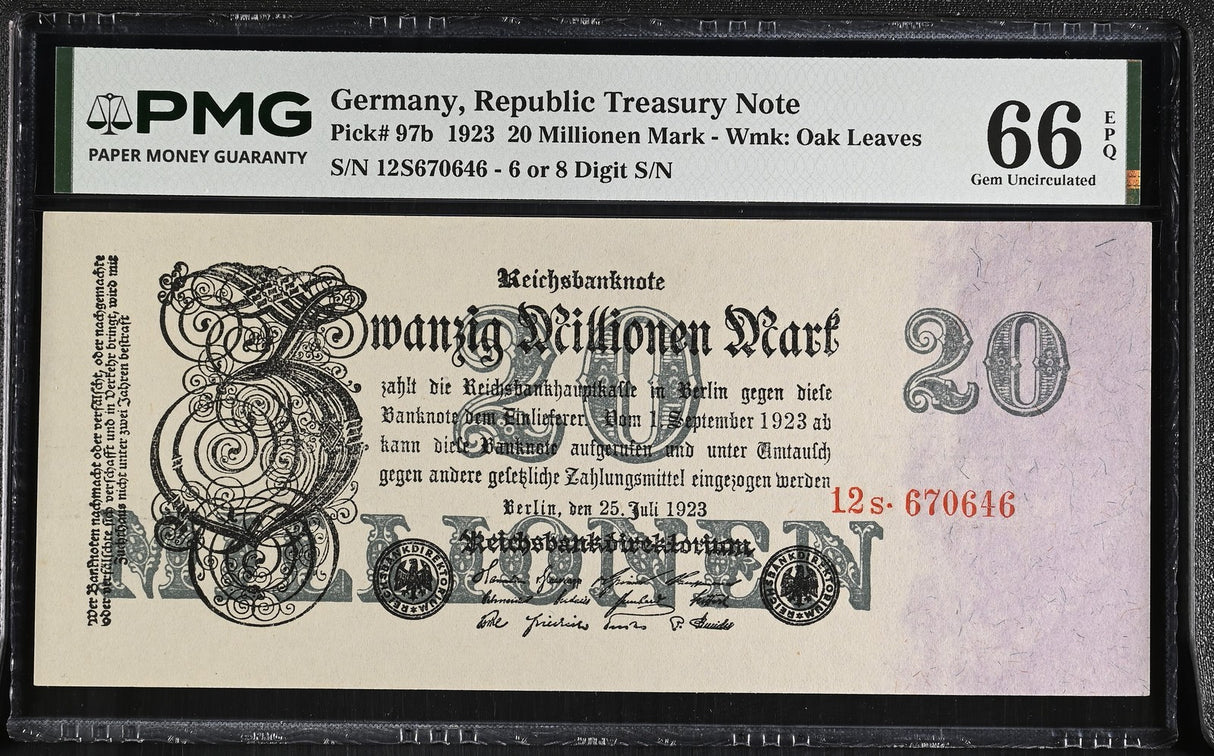 Germany 20 Millionen Mark 1923 P 97 b Gem UNC PMG 66 EPQ