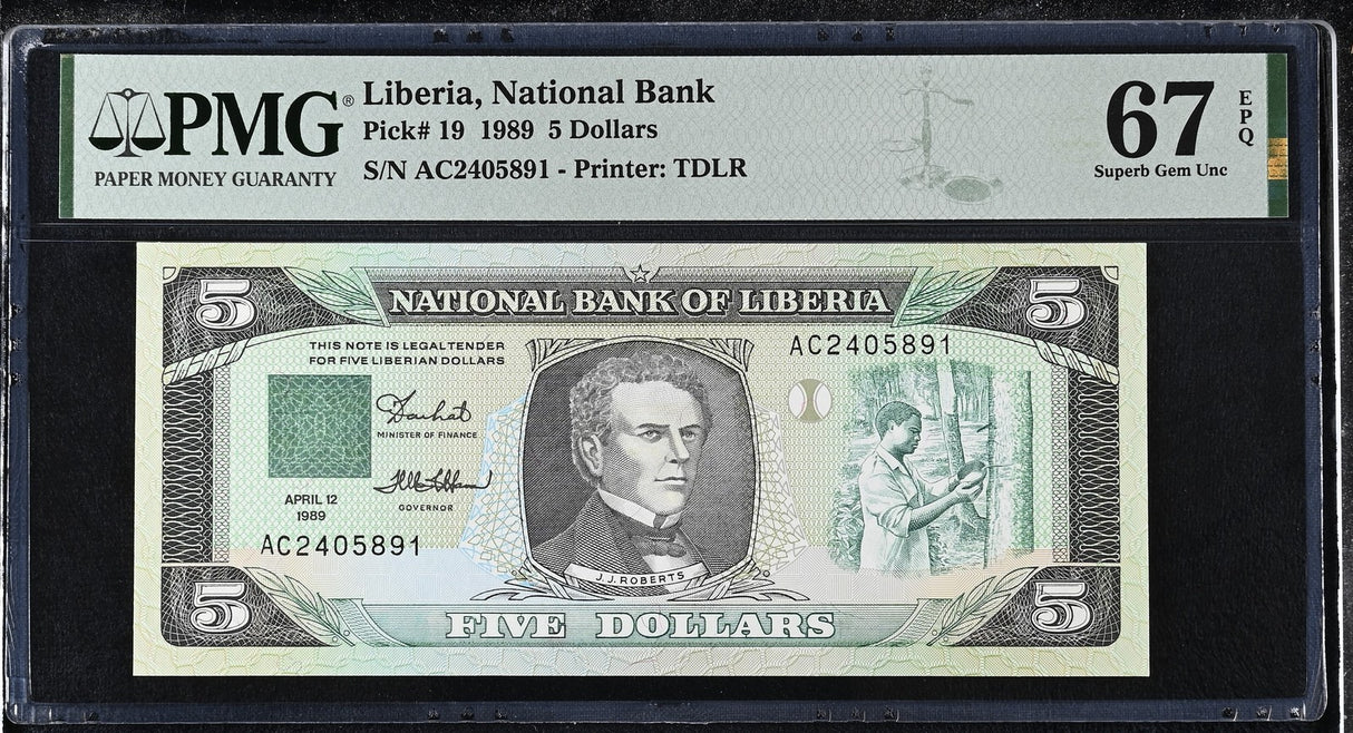 Liberia 5 Dollars 1989 P 19 Superb Gem UNC PMG 67 EPQ