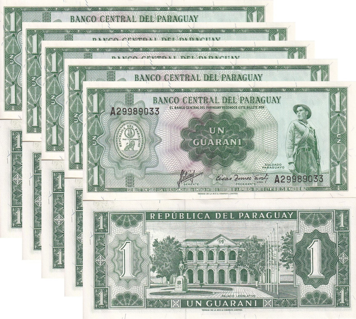 Paraguay 1 Guaranies 1952 ND 1963 P 193 b UNC LOT 5 PCS