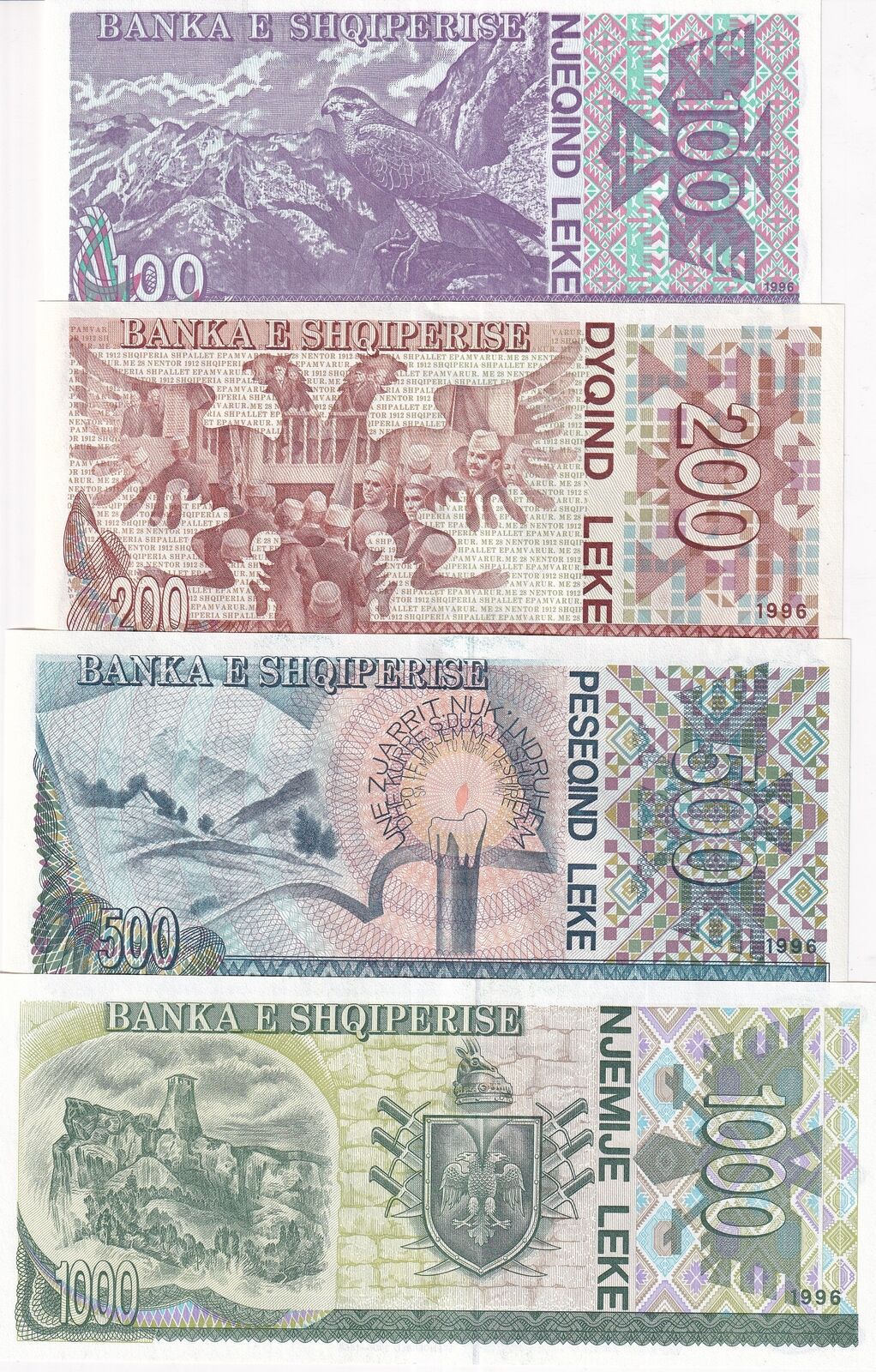 Albania Set 4 Pcs 100 200 500 1000 Leke 1996 P 55 P 59 P 60 P 61 UNC