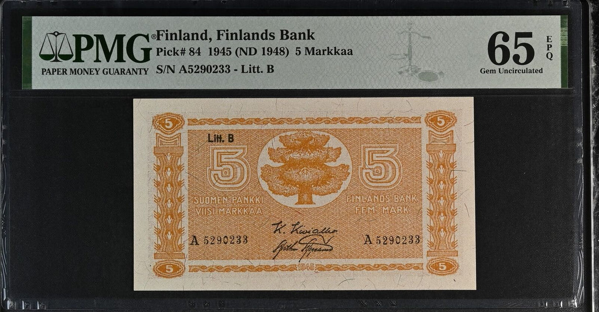 Finland 5 mark 1945 ND 1948 P 84 Gem UNC PMG 65 EPQ