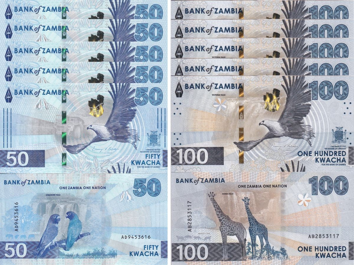 Zambia set 2 x LOT 5 = 10 UNC 50 100 Kwacha 2024 2025 P 64 65 NEW