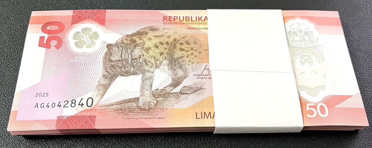 Philippines 50 Piso 2025 Leopard Fish Polymer P 237 LOT 100 PCS 1 BUNDLE UNC