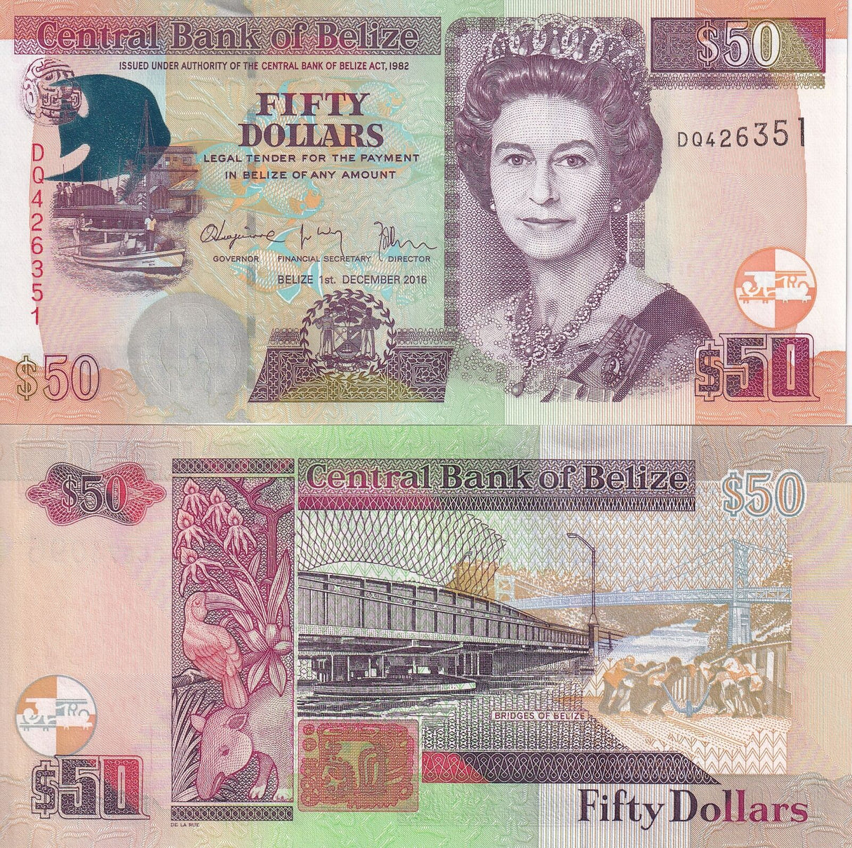Belize 50 Dollars 2016 P 70 f QEII UNC
