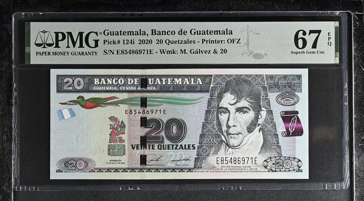 Guatemala 20 Quetzales 2020 P 124 i Superb Gem UNC PMG 67 EPQ TOP POP