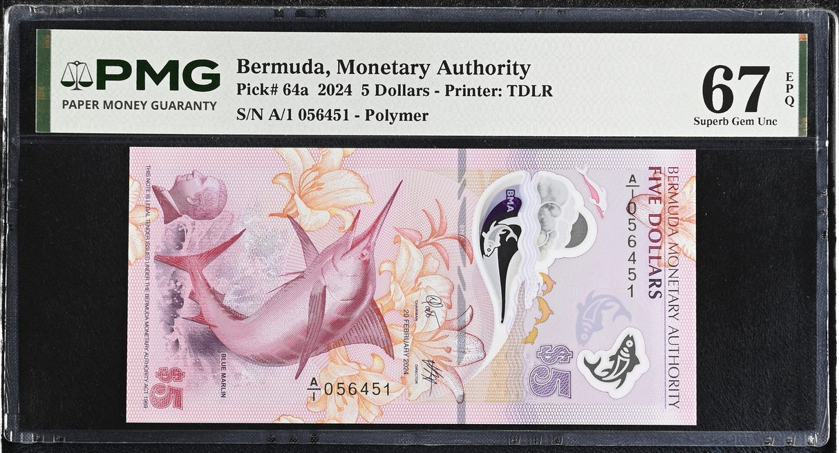 Bermuda 5 Dollars 2024 P 64 a Polymer Superb Gem UNC PMG 67 EPQ