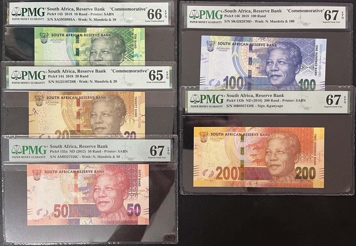 South Africa Set 5; 10-200 Rands ND 2018 P 146 Superb Gem UNC PMG 65 66 67 EPQ