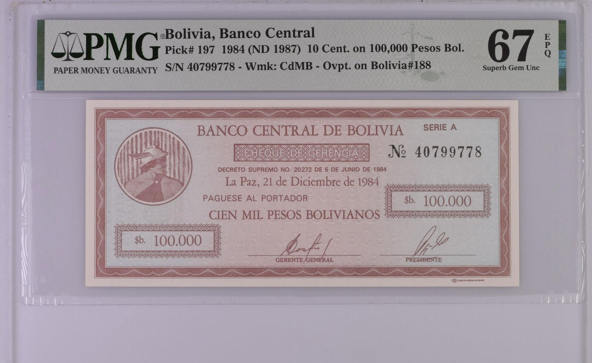 Bolivia 10 Cent. on 100000 Pesos 1984 P 197 Superb GEM UNC PMG 67 EPQ