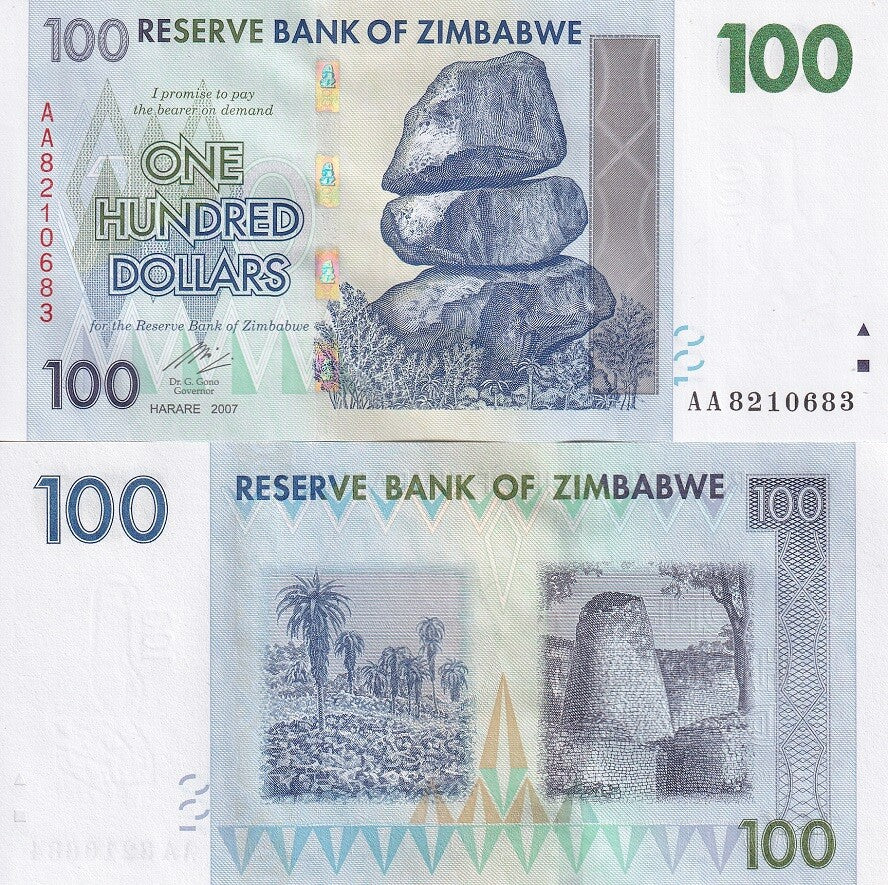 Zimbabwe 100 Dollars 2007 P 69 UNC, Chiremba balancing rock formation
