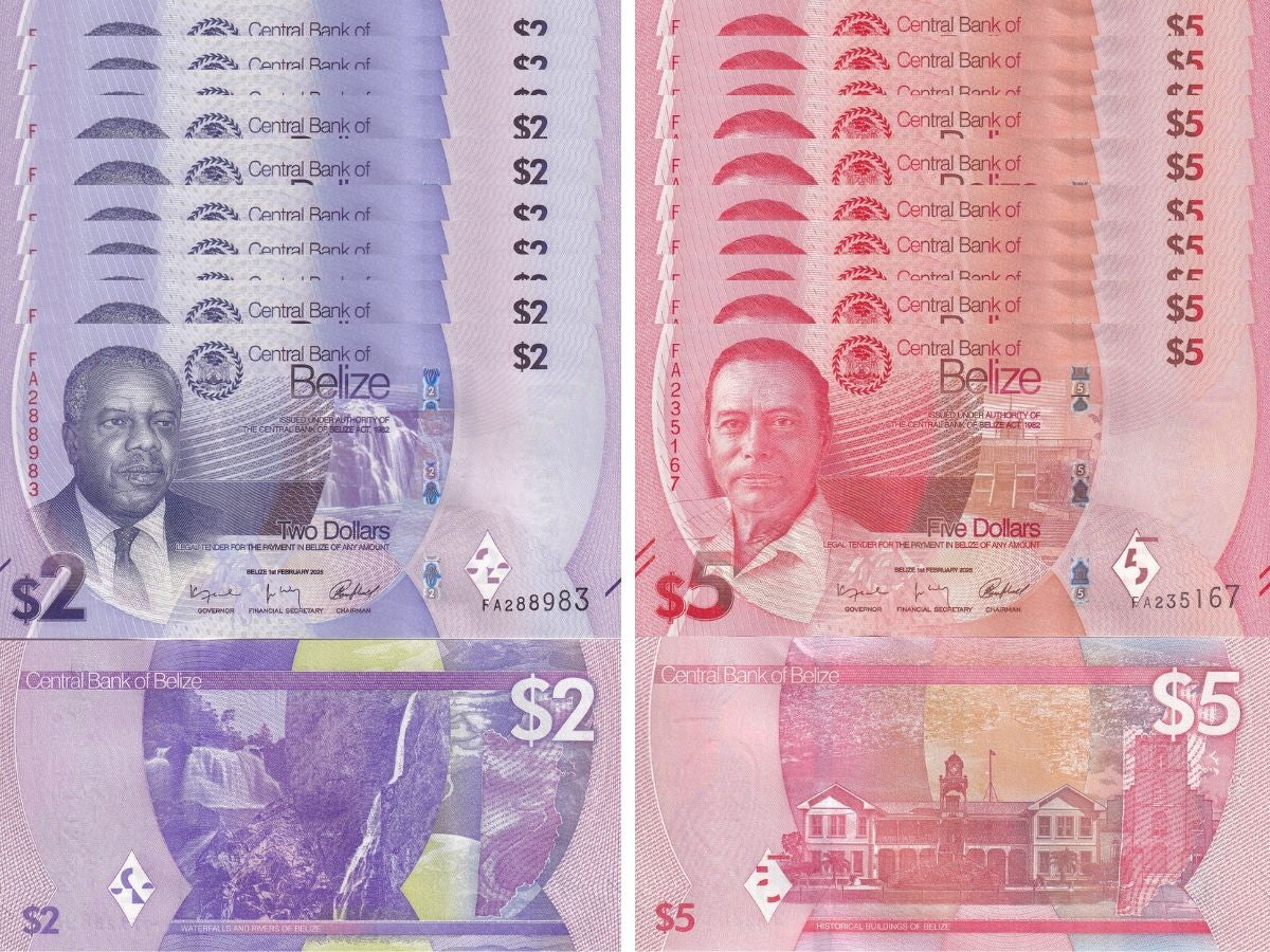 Belize set 2 x 10 Sets = 20 UNC 2 5 Dollars 2025 P 73 74 NEW