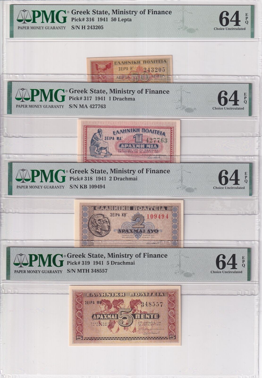 Greece Set 4; 50 Lepta 1 2 5 Drachmai 1941 P 316 317-319 Choice UNC PMG 64 EPQ