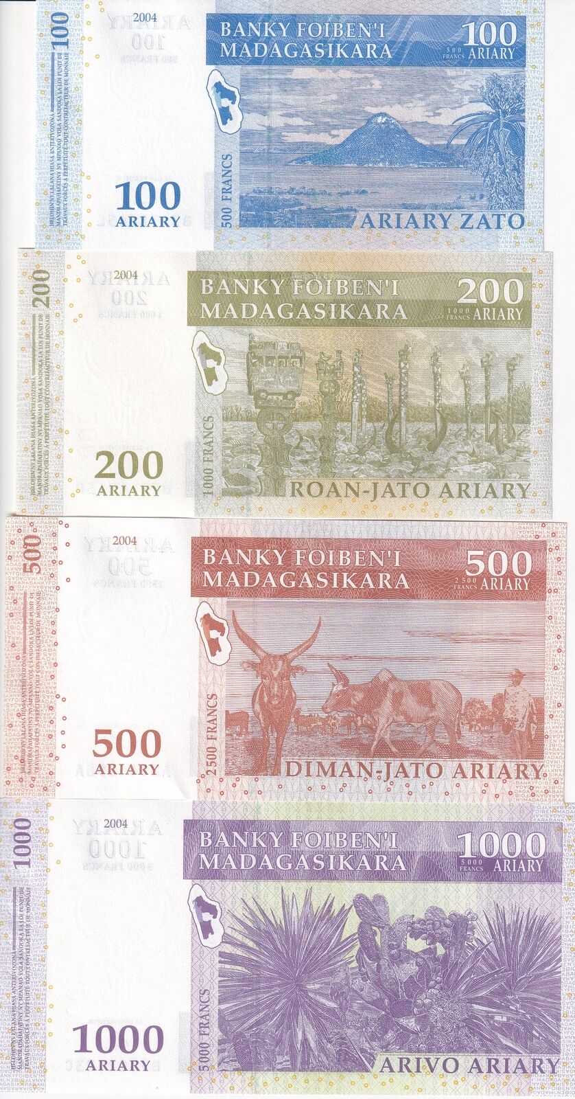 Madagascar set 4 UNC 100 200 500 1000 Ariary 2004 Random Sign P 86 87 88 89