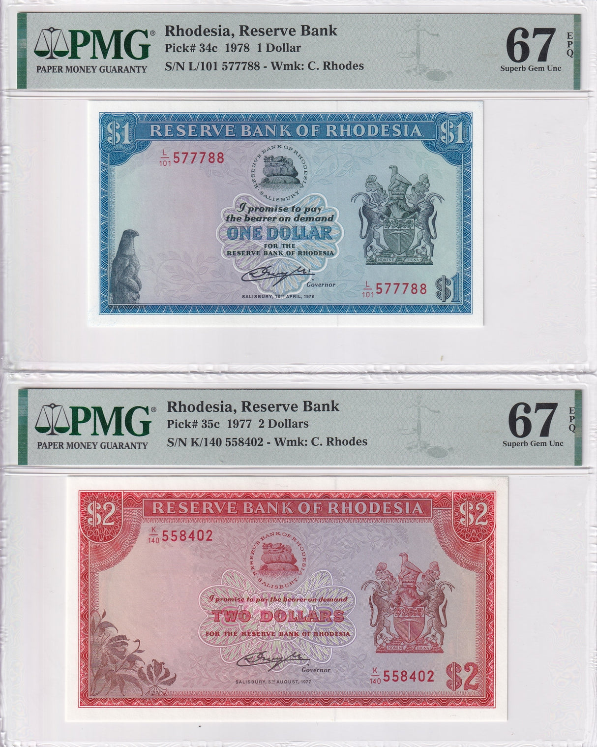 Rhodesia Set 2; 1 2 Dollars 1977 1978 P 34 P 35 Superb Gem UNC PMG 67 EPQ