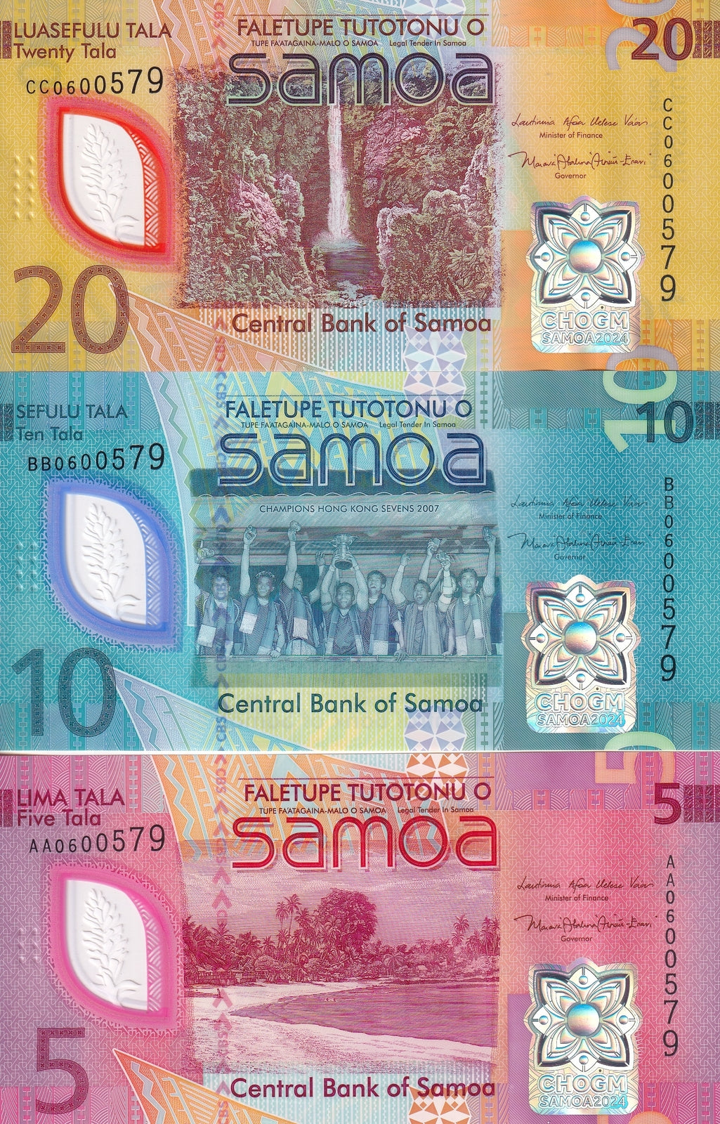 Samoa SET 3 UNC 5 10 20 Tala 2024 P 50 51 52 Polymer CHOGM Comm NO FOLDER