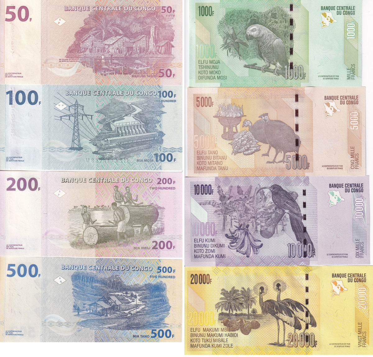 Congo Set 8 Unc 50 100 200 - 10000 20000 FRANCS Random Year P 96 - 104d