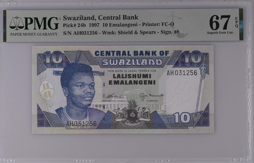 Swaziland 10 Emelangeni 1997 P 24 b Superb Gem UNC PMG 67 EPQ Top Pop