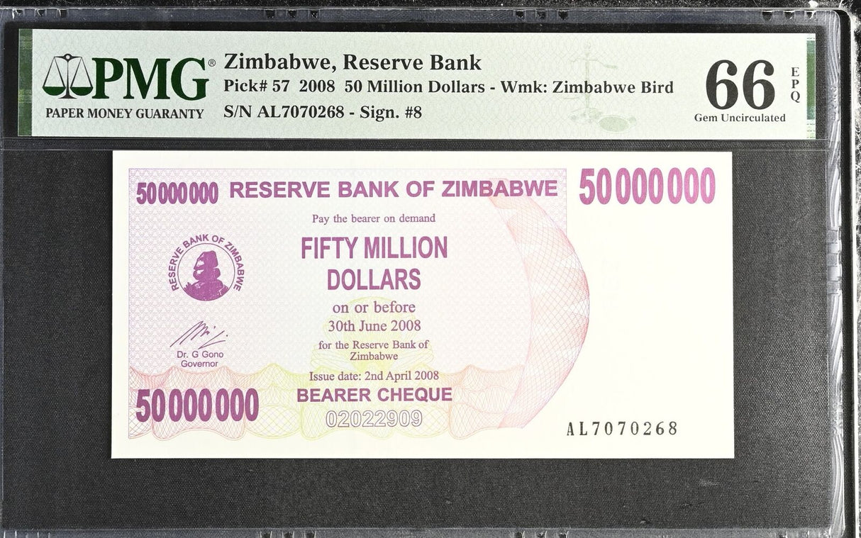 Zimbabwe 50 Million Dollar 2008 P 57 Gem UNC PMG 66 EPQ