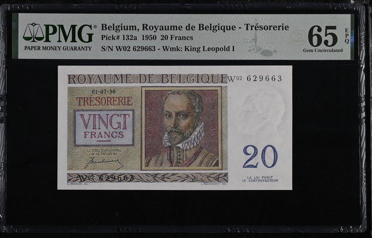 Belgium 20 Francs 1950 P 132 a Gem UNC PMG 65 EPQ