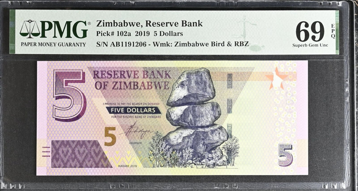 Zimbabwe 5 Dollars 2019 P 102 a Superb GEM PMG 69 EPQ