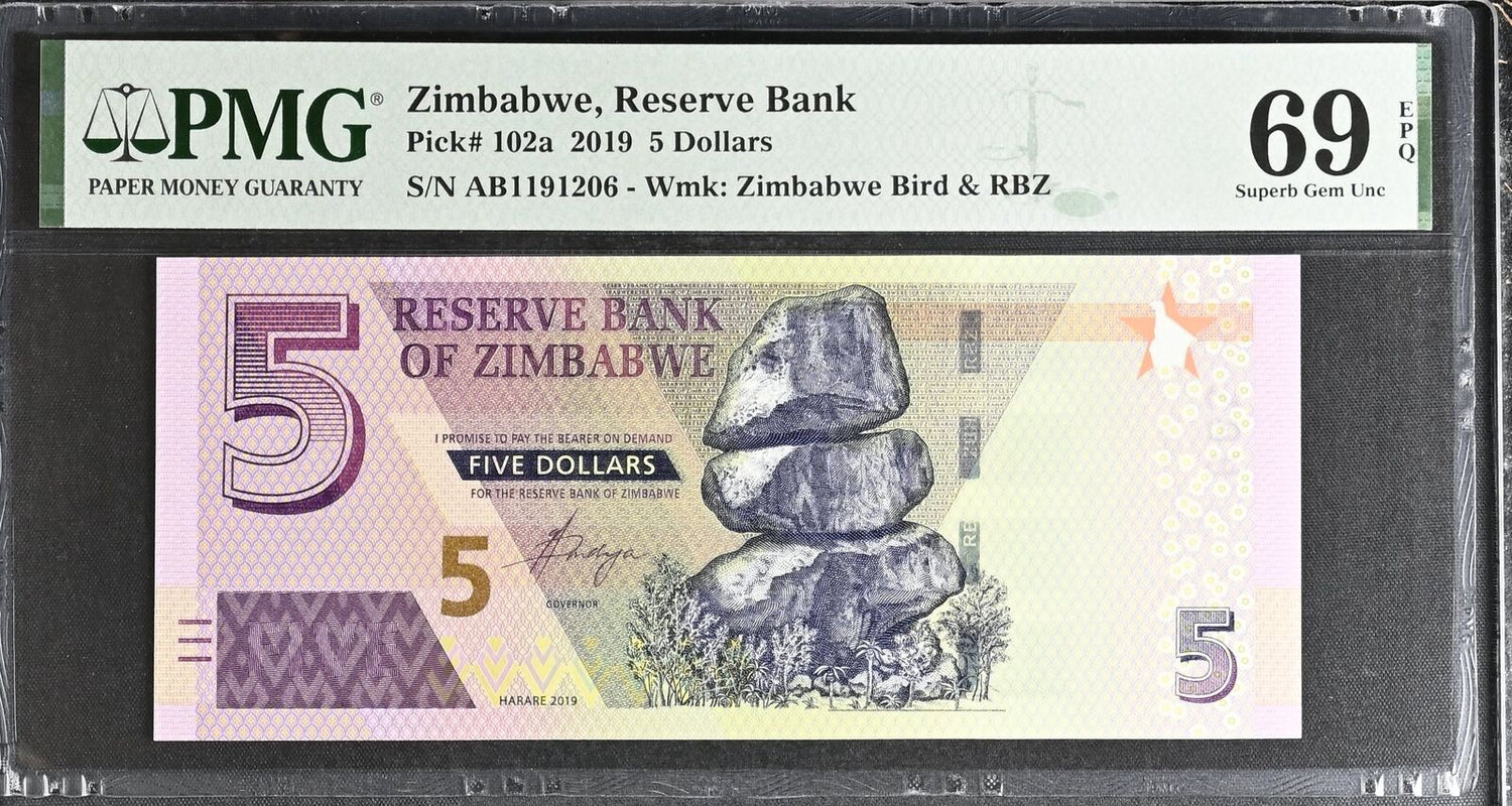 Zimbabwe 5 Dollars 2019 P 102 a Superb GEM PMG 69 EPQ