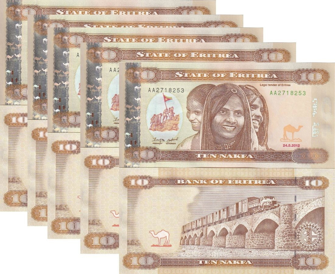 Eritrea 10 Nafka 2012 P 11 UNC LOT 5 PCS , Women Dogali River railroad viaduct