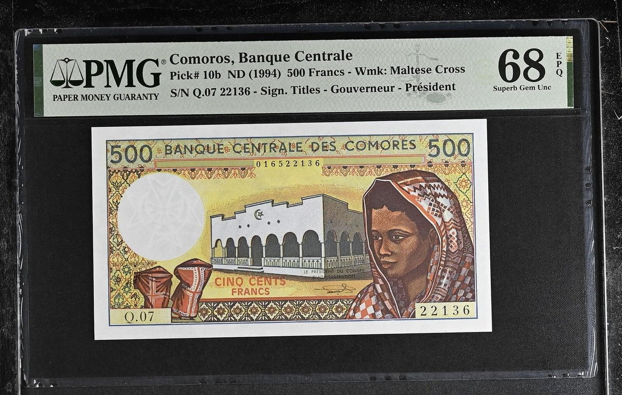 Comoros 500 Francs ND 1994 P 10 b Superb Gem UNC PMG 68 EPQ