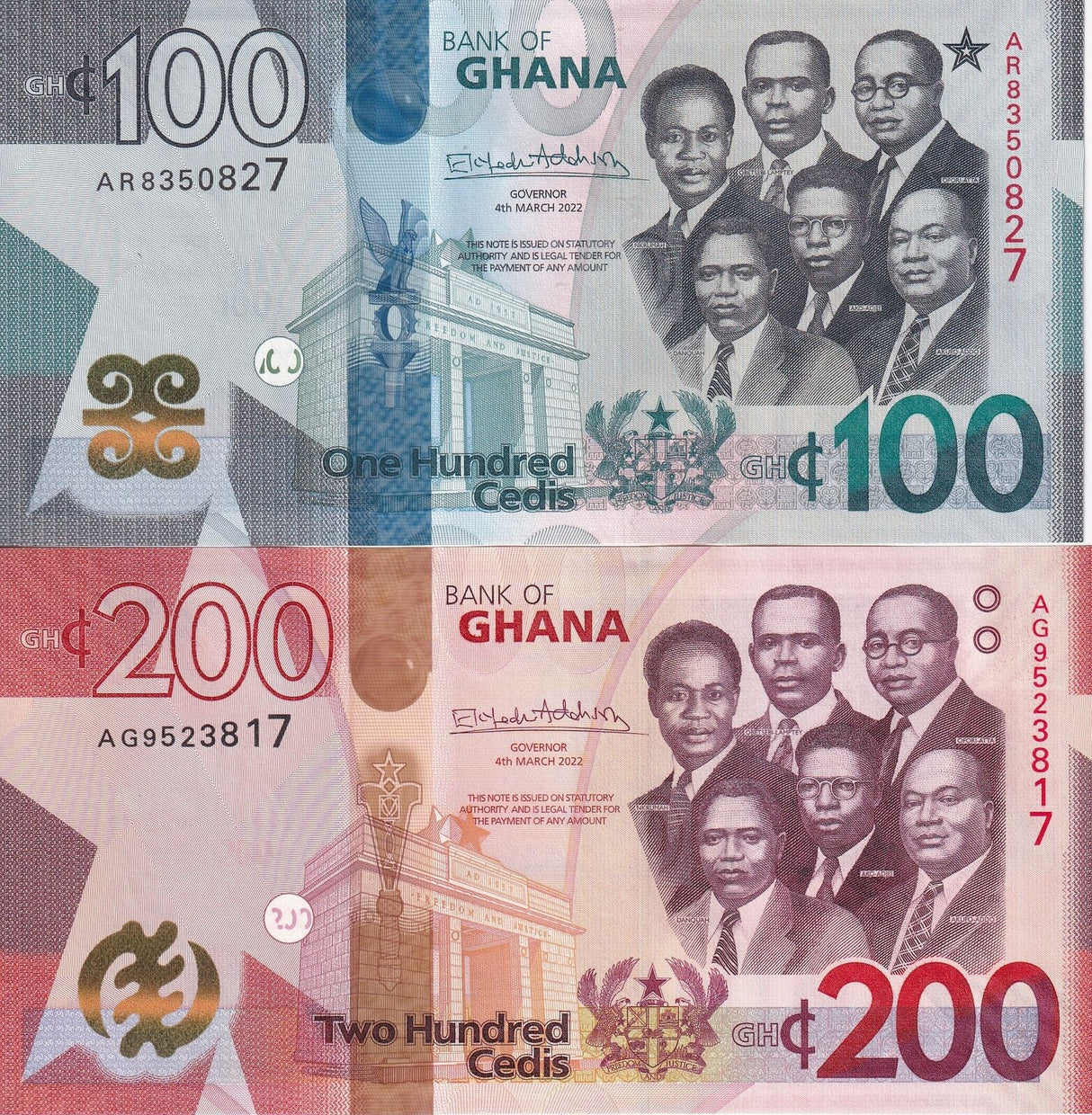 Ghana Set 2 PCS 100 200 Cedis 2022 P 50 51 UNC