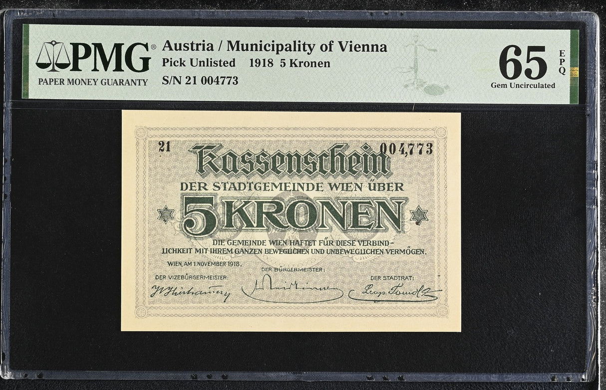 Austria 5 Kronen 1918 Municipality of Vienna Gem UNC PMG 65 EPQ