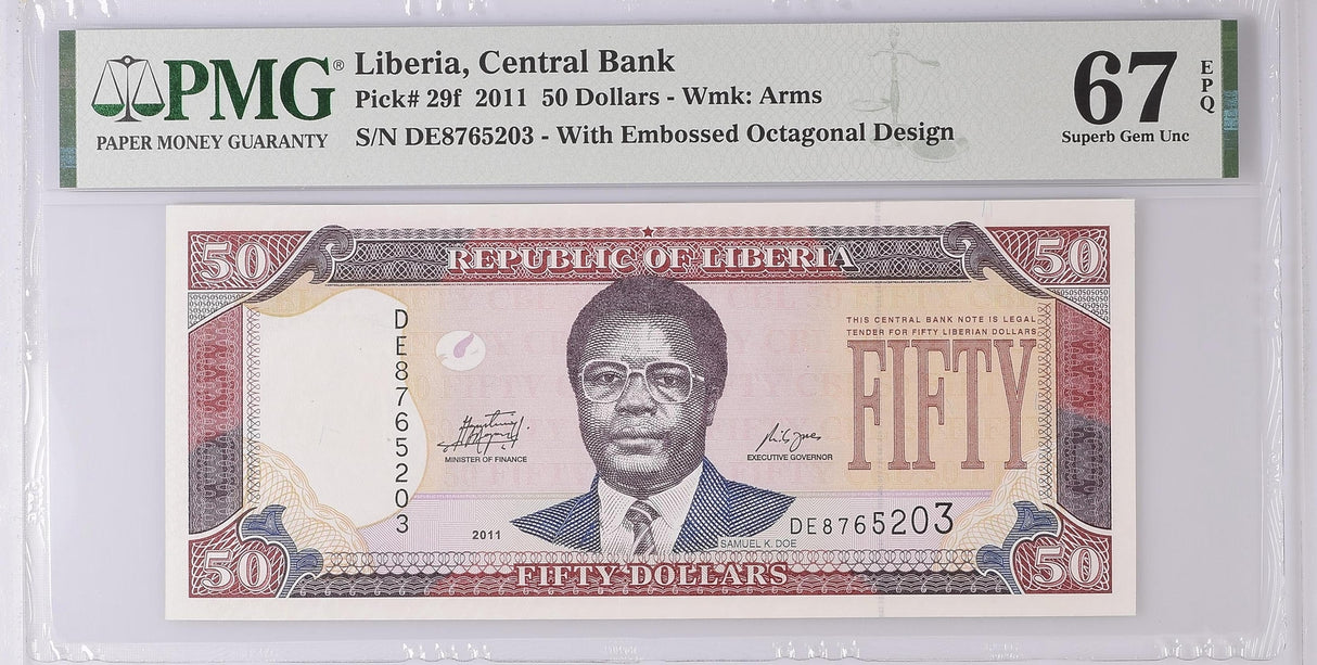 Liberia 50 Dollars 2011 P 29 f Superb Gem UNC PMG 67 EPQ