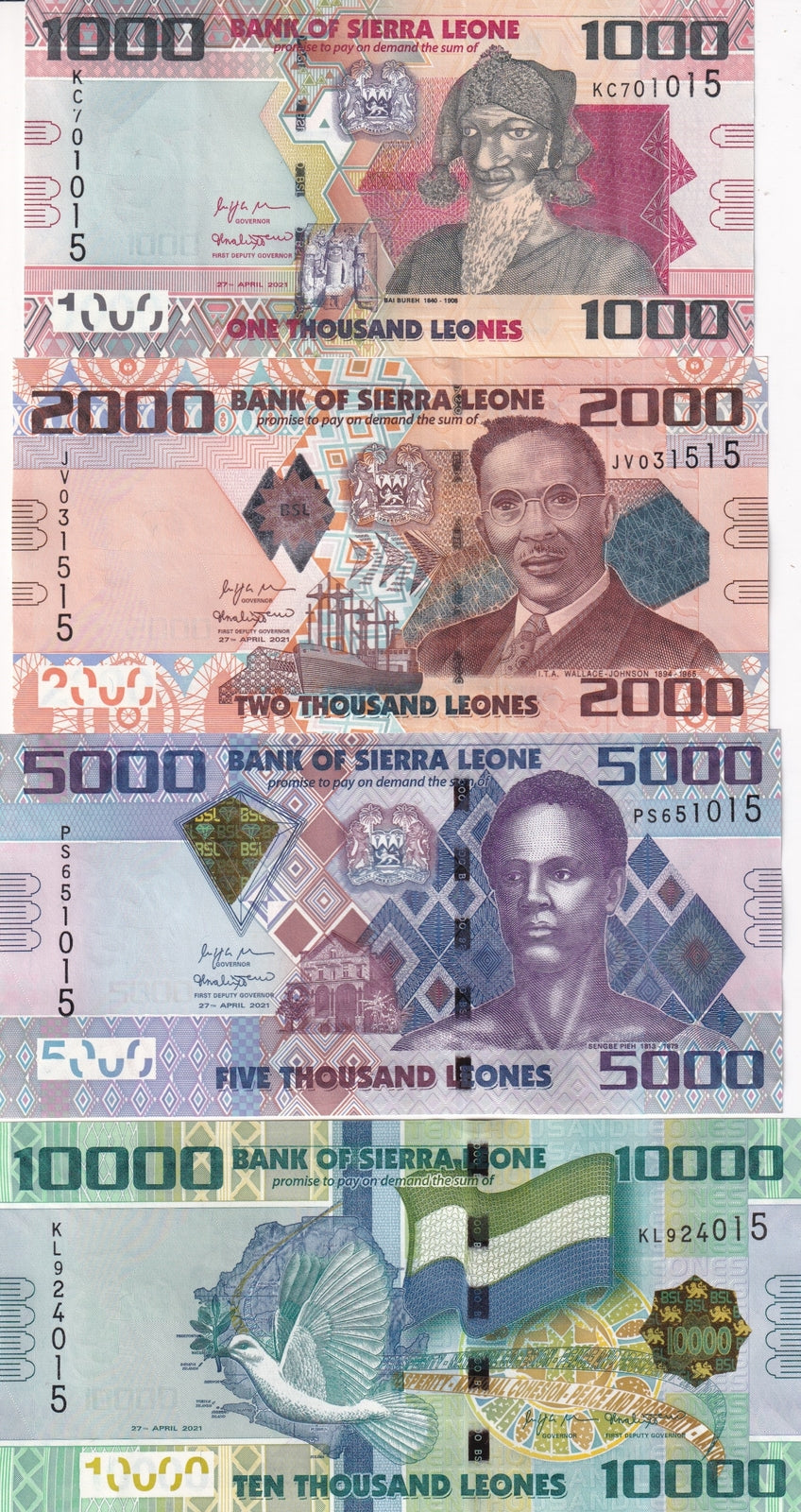 Sierra Leone Set 4 UNC 1000 2000 500 10000 Leones 2022 P 30 31 32 33