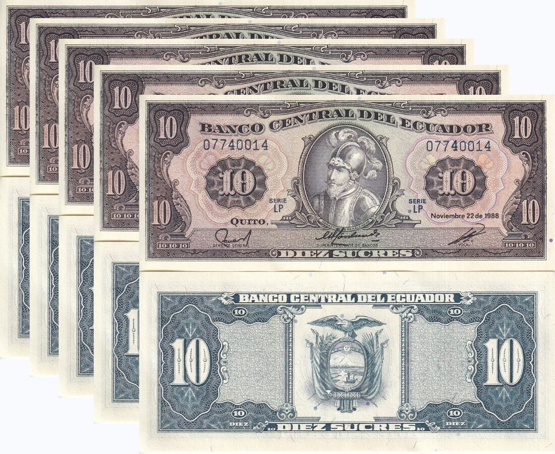 Ecuador 10 Sucres 1988 P 121 UNC LOT 5 PCS